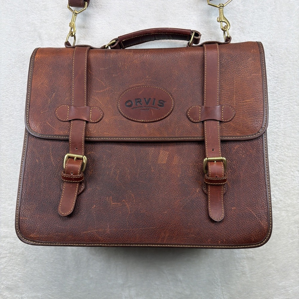 Vintage Orvis Leather Briefcase Attache Messenger Laptop Bag Brown Shoulder - Picture 1 of 16